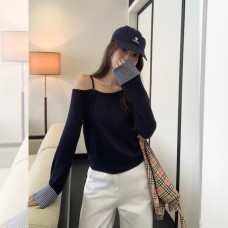Patchwork Asymmetrical Neck Off-Shoulder Long Sleeve
