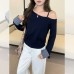 Patchwork Asymmetrical Neck Off-Shoulder Long Sleeve
