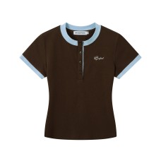 Retro fake two contrasting Henry collar short sleeved women Retro fake two contrasting Henry collar short sleeved women