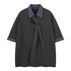 Black gray striped short sleeved checkered lapel retro top