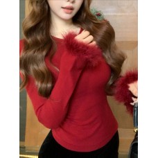 Golden Dream  Small Bow Hollow Faux Fur Sleeve Inner Knitwear