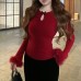 Golden Dream  Small Bow Hollow Faux Fur Sleeve Inner Knitwear