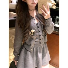 Gray Short Knit Crop Top and Cardigan Set Unique Design Two-Piece Set