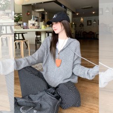 Floral Gray Hooded Drawstring Long Sleeve