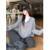 Floral Gray Hooded Drawstring Long Sleeve