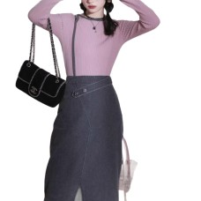COTRE Gray Pink Plum Soft  Feel Shoulder Cut-Out Ribbed Skin-Friendly Knit