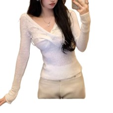 Concerto White V-Neck Knitwear Women's Winter Elegant Versatile