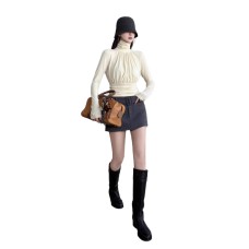 Premium Double-Sided Ribbed Fine Knit Wool Classic Fitted Pleated Turtleneck Knit Premium Double-Sided Ribbed Fine Knit Wool Classic Fitted Pleated Turtleneck Knit