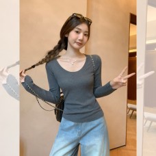 Dark Gray Round Neck Long Sleeve Knit Top