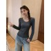 Dark Gray Round Neck Long Sleeve Knit Top