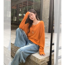 Dopamine Orange Shoulder-Baring Long Sleeve Knit Top