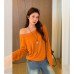 Dopamine Orange Shoulder-Baring Long Sleeve Knit Top