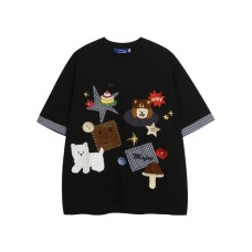 Cartoon Embroidery Color-Block Patchwork Short Sleeve T-Shirt 