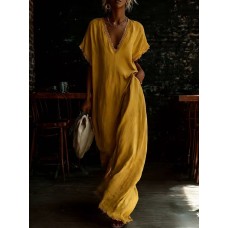 Elegant Casual Loose Linen Cotton Long Dress with Lace Trim