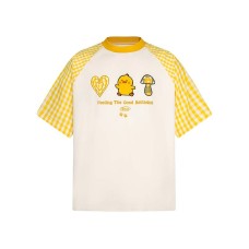 Cute Duckling Cat Patchwork Embroidery Splicing Grid Color Contrasting Short Sleeve