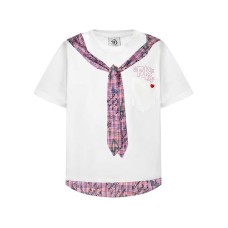 Color blocking printed checkered patchwork fake tie design short sleeved