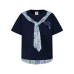 Color blocking printed checkered patchwork fake tie design short sleeved