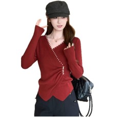 Women's New Irregular Beaded Knit Top with Slit Detail