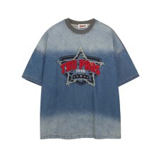 Five pointed star frayed edge embroidered fabric washed and worn short sleeves