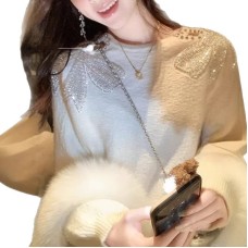 Tweed Knit Top for Women with Hollow-Out Design Long Sleeve Crew Neck Casual Knitwear