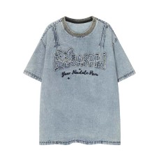 Embroidered letters washed and used denim short sleeves