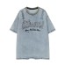 Embroidered letters washed and used denim short sleeves
