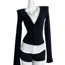 Black Mock Two-Piece V-Neck Slim Fit Knit Long Sleeve Top