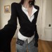 Black Mock Two-Piece V-Neck Slim Fit Knit Long Sleeve Top Black Mock Two-Piece V-Neck Slim Fit Knit Long Sleeve Top