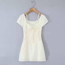 Pure Desire Style Lace Edge Drawn Bubble Sleeve Short Dress Pure Desire Style Lace Edge Drawn Bubble Sleeve Short Dress