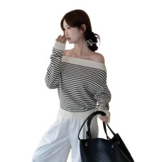 Women's Versatile Off-Shoulder Long Sleeve Striped Knit Top