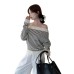 Women's Versatile Off-Shoulder Long Sleeve Striped Knit Top