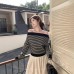 Women's Versatile Off-Shoulder Long Sleeve Striped Knit Top