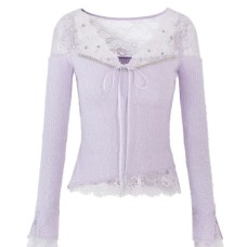 Soft Lace Spliced Knit Top Women's Long Sleeve