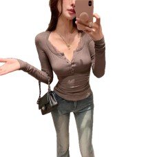 Pool Brown Lace Spliced Brushed Knit Base Layer Women's Slim Fit Slimming Henley Neck Inner Wear Pool Brown Lace Spliced Brushed Knit Base Layer Women's Slim Fit Slimming Henley Neck Inner Wear
