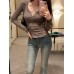 Pool Brown Lace Spliced Brushed Knit Base Layer Women's Slim Fit Slimming Henley Neck Inner Wear