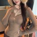Pool Brown Lace Spliced Brushed Knit Base Layer Women's Slim Fit Slimming Henley Neck Inner Wear