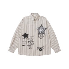 Star Print Stripe Long Sleeve Shirt Unisex Loose Lazy 