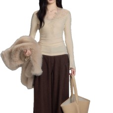 Elegant Soft Style Lace V-Neck Slim Fit Layered Knit Long Sleeve Elegant Soft Style Lace V-Neck Slim Fit Layered Knit Long Sleeve