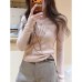 Pink Lace V-Neck Knit Top Stylish and Unique Inner Layer with Tie Detail