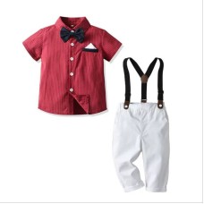 Gentleman Shirt Set Boys Stripe Short Sleeve Bow Tie Shirt With Suspender Pants Birthday Outfit