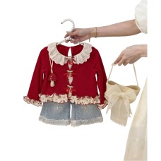 Cute Lace Spliced Peter Pan Collar Set Ruffle Two-Piece Set Versatile Children's Clothing