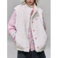 Faux Fur Vest with Pink Color-block Plaid Pattern