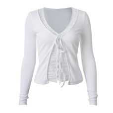 False Two-Piece V-Neck Lace-Up Knit Top with Lace Insertion and Hollow-Out Design