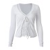 False Two-Piece V-Neck Lace-Up Knit Top with Lace Insertion and Hollow-Out Design