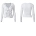 False Two-Piece V-Neck Lace-Up Knit Top with Lace Insertion and Hollow-Out Design