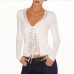 False Two-Piece V-Neck Lace-Up Knit Top with Lace Insertion and Hollow-Out Design