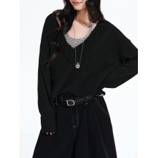 Fake Two-Piece V-Neck Solid Color  Loose Knit Sweater