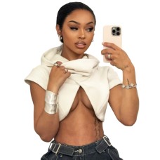 Open navel hooded irregular short sleeved female
