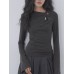 Hollow Out Long Sleeve Top Women Dark Gray Slim Fit Flared Sleeve Innerwear
