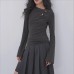 Hollow Out Long Sleeve Top Women Dark Gray Slim Fit Flared Sleeve Innerwear